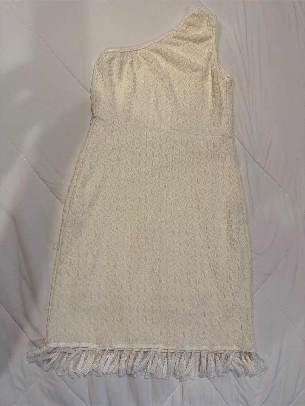 SHEIN One-Shoulder Ivory Textured Fringe Hem Dress